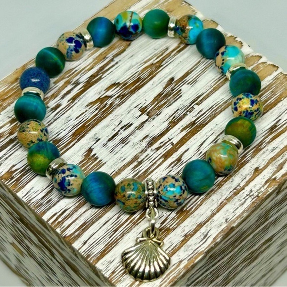 Handmade Seashell Charm Bracelet with Natural Sea Sediment & Tiger Eye Stones! - Picture 2 of 5